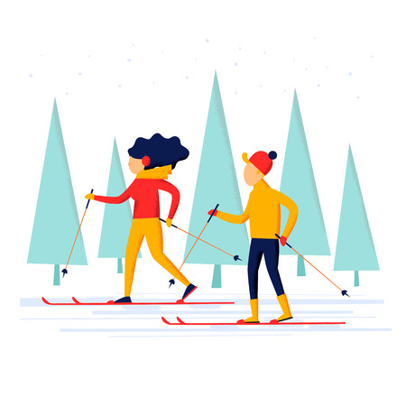 Man and woman skiing in the woods, winter, sports. Vector illustrationのイラスト素材