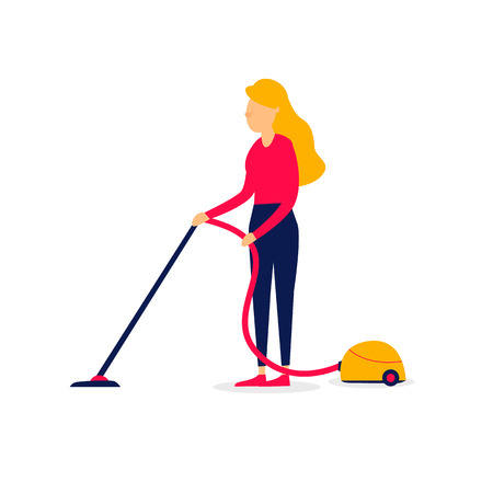 House cleaning, woman vacuums. Flat style vector illustration.のイラスト素材