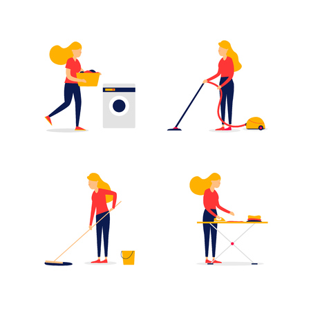 Cleaning, ironing, washing. Woman doing homework. Flat style vector illustration.のイラスト素材
