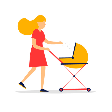 Woman with a pram, young mom. Flat style vector illustration.のイラスト素材
