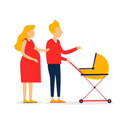 Young parents with a stroller. Flat style vector illustration.のイラスト素材
