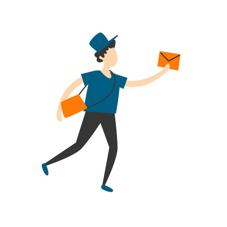 Postman carries a letter. Flat style vector illustration.のイラスト素材