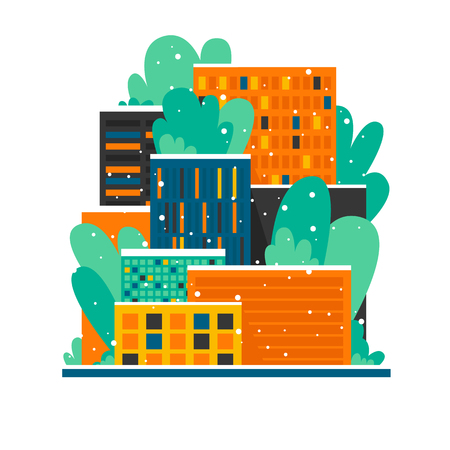 Urban winter landscape, with skyscrapers, falling snow, New Year and Christmas. Flat style vector illustration.のイラスト素材