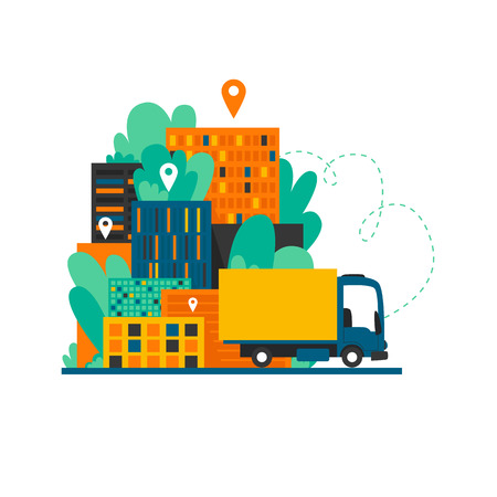 Delivery, trucking, truck in the city. Flat style vector illustration.のイラスト素材
