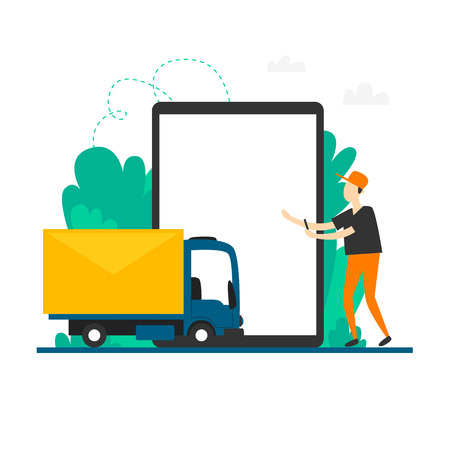 Email. Truck brought a letter. Flat style vector illustration.のイラスト素材