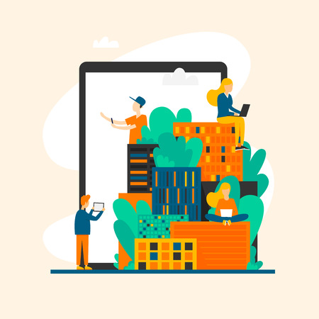 Smart city, people with devices, Internet, Wi-Fi. Business man holds a magnet and magnet coins. Flat style vector illustration.のイラスト素材