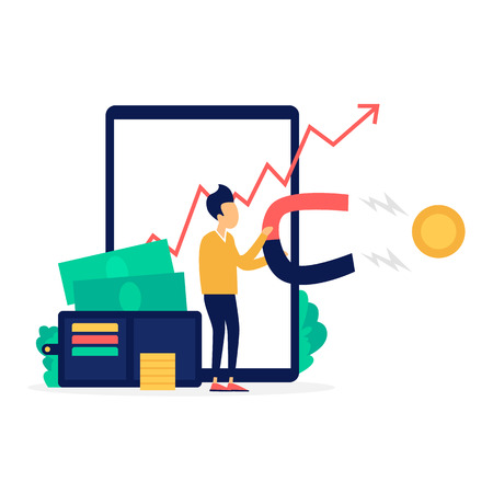 Internet business. Man holds a magnet and magnet coins. Flat style vector illustration.のイラスト素材