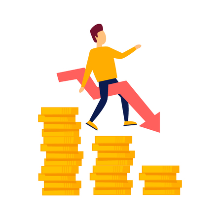 Businessman falls from coins crisis, bankruptcy. Flat style vector illustration.のイラスト素材