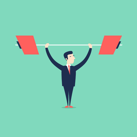 Businessman raises heavy barbell. 3D. Flat style vector illustration.のイラスト素材