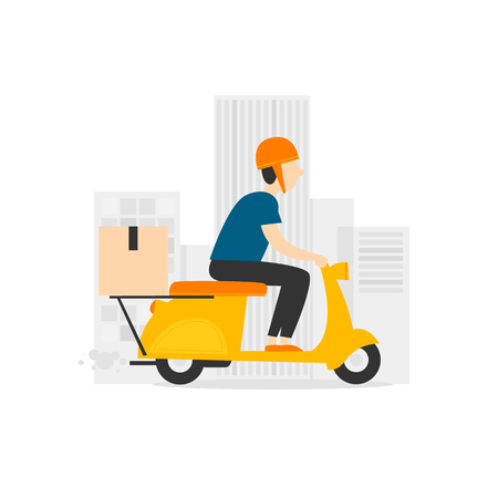 Pizza delivery, a man rides a moped. Vector illustrationのイラスト素材
