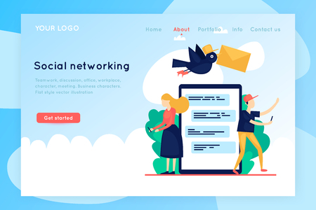 Site template. Social networking, correspondence. Group of people with devices. Virtual communication. Landing Page template. Vector illustrationのイラスト素材