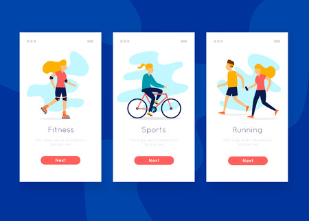People play sports, mobile app. Lifestyle Fitness people. Man ride bicycle. Woman run. Man riding a scooter. Vector flat illustrationのイラスト素材