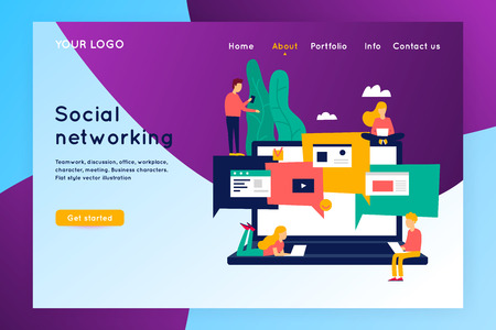 Site template. Social networking, correspondence. Group of people with devices. Virtual communication. Landing Page template. Vector illustrationのイラスト素材