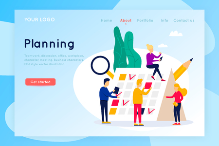 Site template. Landing Page. Planning a group of people near the calendar. Flat illustration in cartoon style. Vector.のイラスト素材