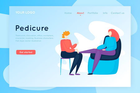 Site template. Landing Page. Beauty salon, a master does a pedicure to a woman. Flat illustration in cartoon style. Vector.のイラスト素材