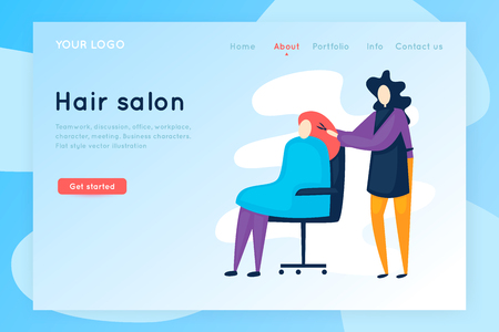 Site template. Landing Page. Beauty salon, a master does a haircut to a woman. Flat illustration in cartoon style. Vector.のイラスト素材