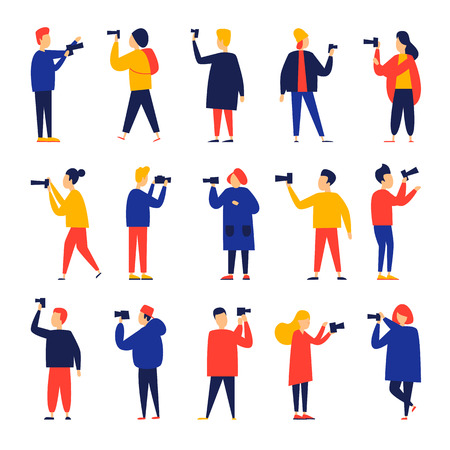 Photographers, people with cameras. Video filming, photographing. Flat style vector illustration.のイラスト素材