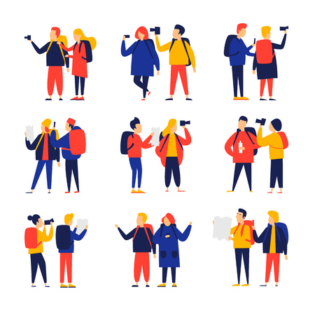 People travel cameras and backpacks. Flat style vector illustration.のイラスト素材