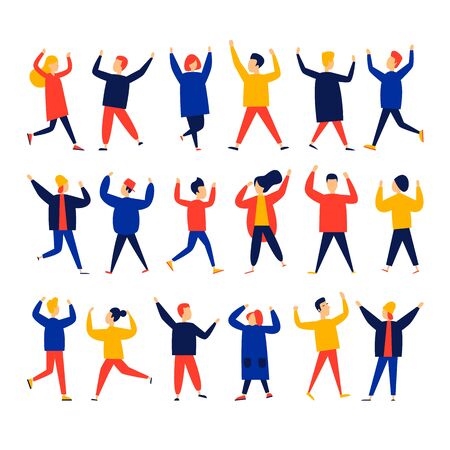 Cheerful people jump, rejoice, laugh. Flat illustration in cartoon style. Vector.のイラスト素材