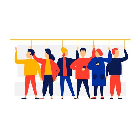 Public transport, tram, metro, bus, people ride. Flat illustration in cartoon style. Vector.のイラスト素材