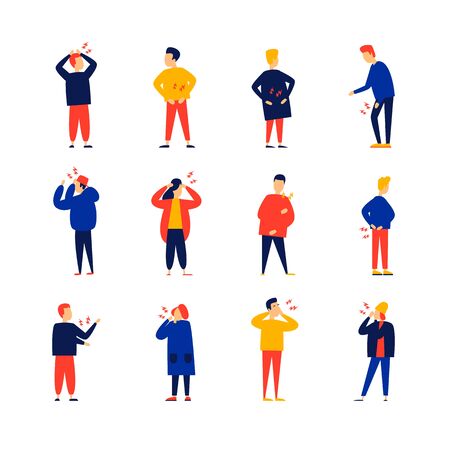 Sick people, headache back knee, elbow, stomach. Flat illustration in cartoon style. Vector.のイラスト素材
