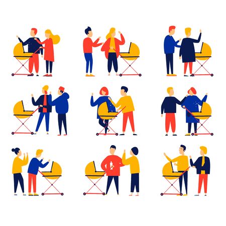 Parents with a stroller. Young family. Flat style vector illustration.のイラスト素材