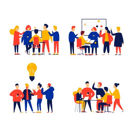 Office life, people work with computers, teamwork, meetings, team, brainstorming. Flat style vector illustration.のイラスト素材