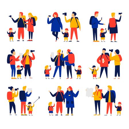 Travel with children. Family holiday. Flat style vector illustration.のイラスト素材