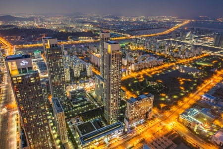 Cityscape viewed from above at nightの写真素材