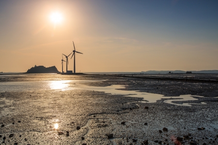 Sunset over mud flatの写真素材
