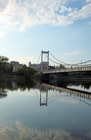 Suspension Bridge over the Sura River Russiaの写真素材