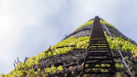 factory chimney with stairs to the blue skyの写真素材