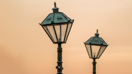 Two old town lampposts on an Scandinavian August summer eveningの写真素材