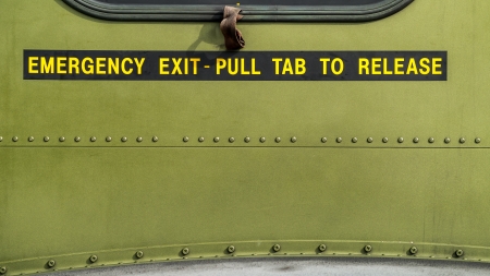 Emergency exit, pull tab to releaseの写真素材