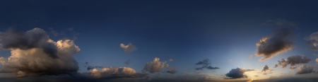 360 degree seamless panoramic skydome of a calm, yet dramatic evening with towering thunder clouds ...