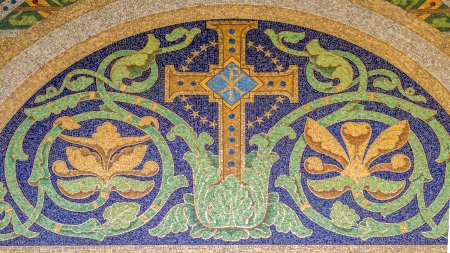 Mosaic christian cross with the symbol Chi Rho, one of the earliest forms of christogramの写真素材