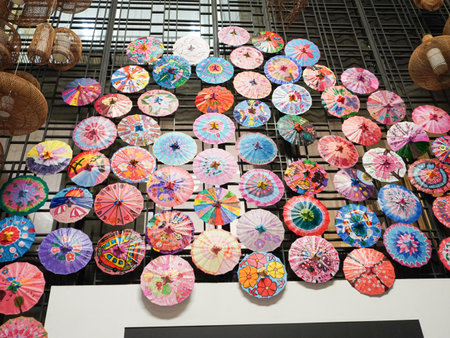 Thai umbrellas made of colorful paper in the market.の写真素材