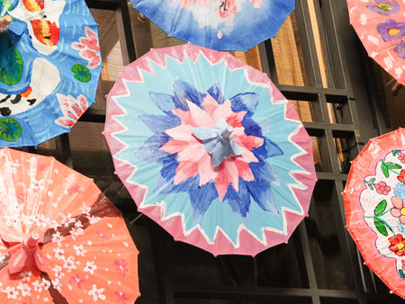 Colorful umbrellas on a shop window in Istanbul, Turkeyの写真素材