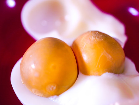 Close-up of egg and yolk on a red plate.