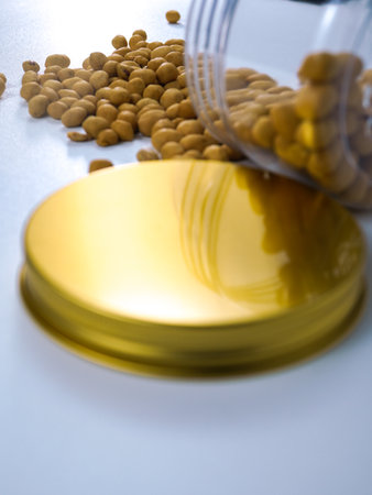 Close-up of soy beans in a jar on a white backgroundの写真素材