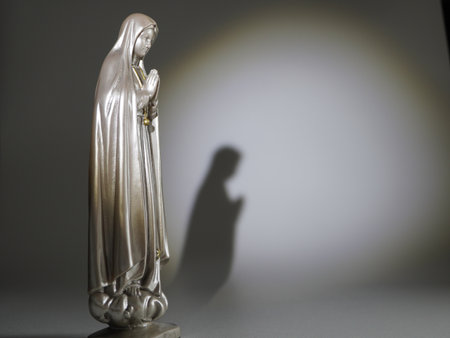 Statue of the Virgin Mary with a shadow on a gray backgroundの写真素材