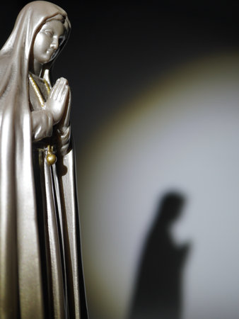 Statue of the Virgin Mary in front of a dark background.の写真素材