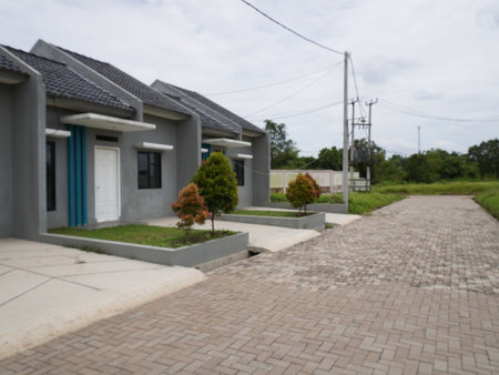 new house on the road in the countryside, closeup of photoの写真素材
