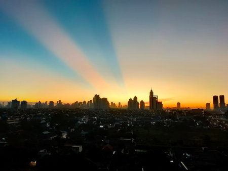 Cityscape at sunset. Silhouette.の写真素材