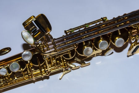 Details of the flap system of a soprano saxophoneの写真素材