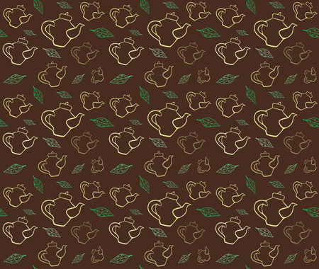 Black tea. Tea leaves and teapot. Seamless pattern. Vector illustration.のイラスト素材