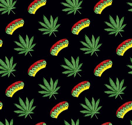 seamless pattern watercolor hemp leaf and rastaman hat of black backgroundの写真素材