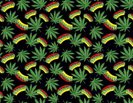 seamless pattern watercolor hemp leaf and rastaman hat of black backgroundの写真素材