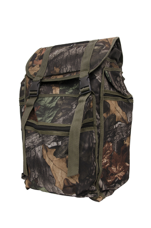 camouflaged hunter bag on white groundの写真素材