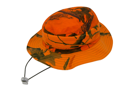 orange hunting hat on white groundの写真素材
